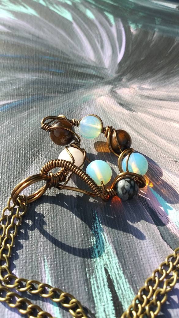 Orbital Thoughts. Opalite, rose quartz, snowflake jasper and tigers eye necklace. Made by Eyesthatburnthemind.