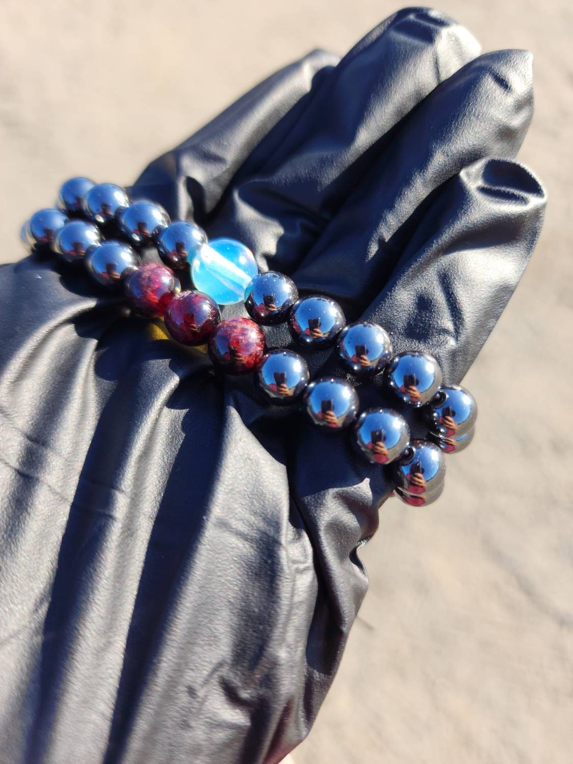 Mo·ral·i·ty. Pair of Hematite/ Opalite and Garnet bracelets. Your choice of size. Made by Eyesthatburnthemind.