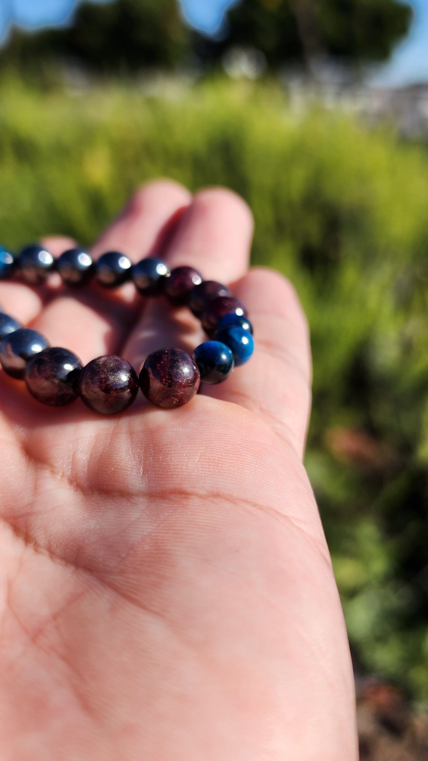 Primary Textures. Hematite, Garnet and Blue Tigers Eye Crystal Bracelet. Made by Eyesthatburnthemind.