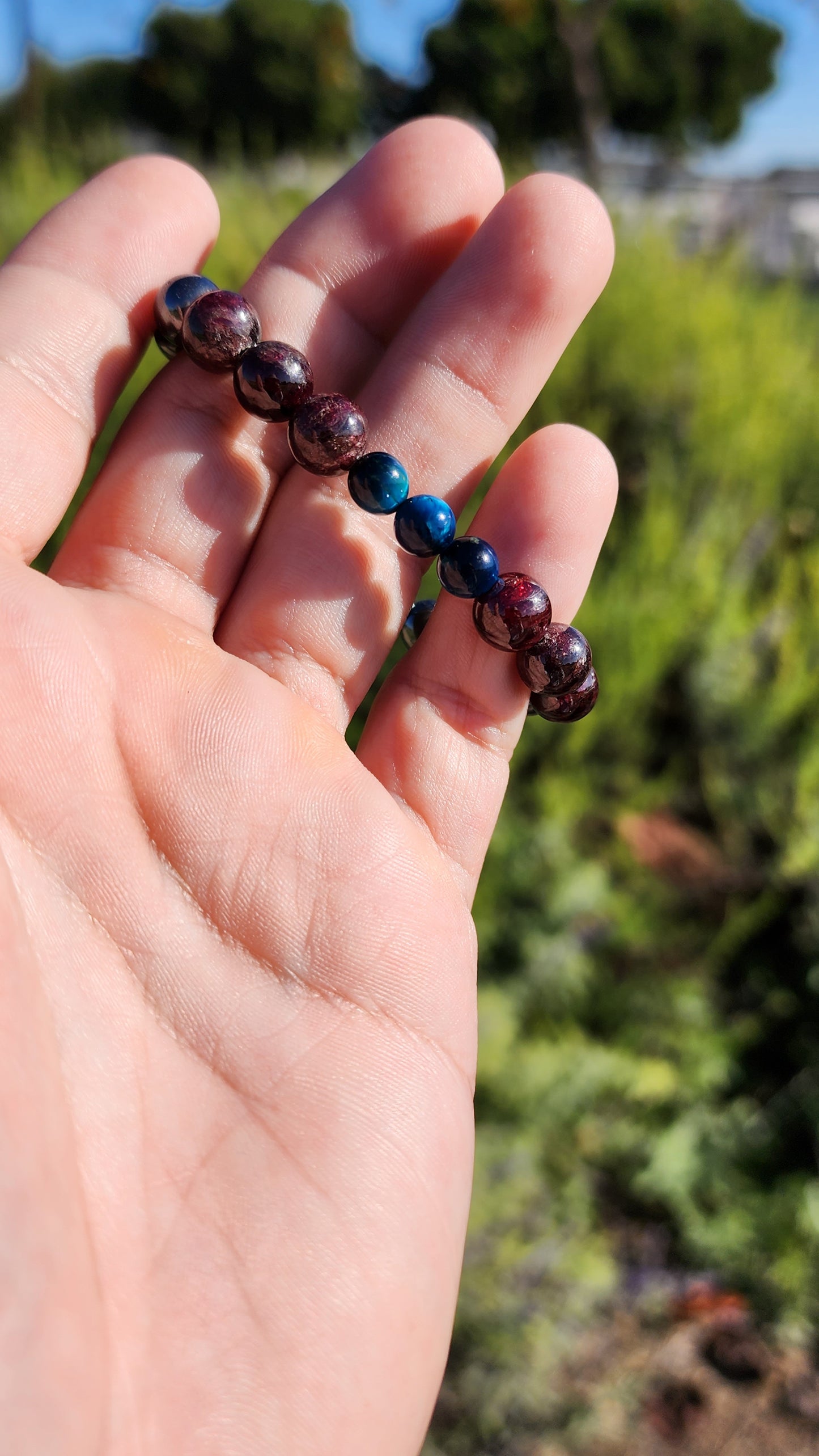 Primary Textures. Hematite, Garnet and Blue Tigers Eye Crystal Bracelet. Made by Eyesthatburnthemind.