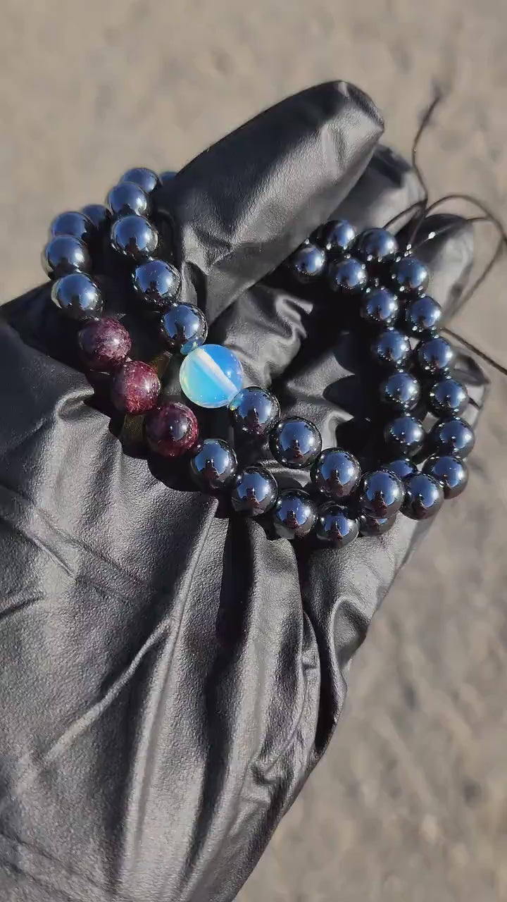 Mo·ral·i·ty. Pair of Hematite/ Opalite and Garnet bracelets. Your choice of size. Made by Eyesthatburnthemind.