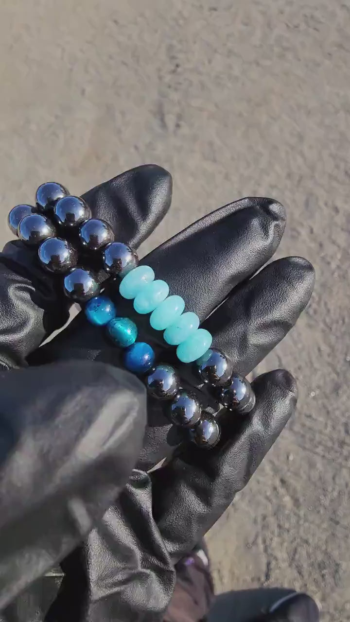 Cooling Down. Pair of Hematite/ Blue Tigers Eye and Blue Jade bracelets. Your choice of size. Made by Eyesthatburnthemind.