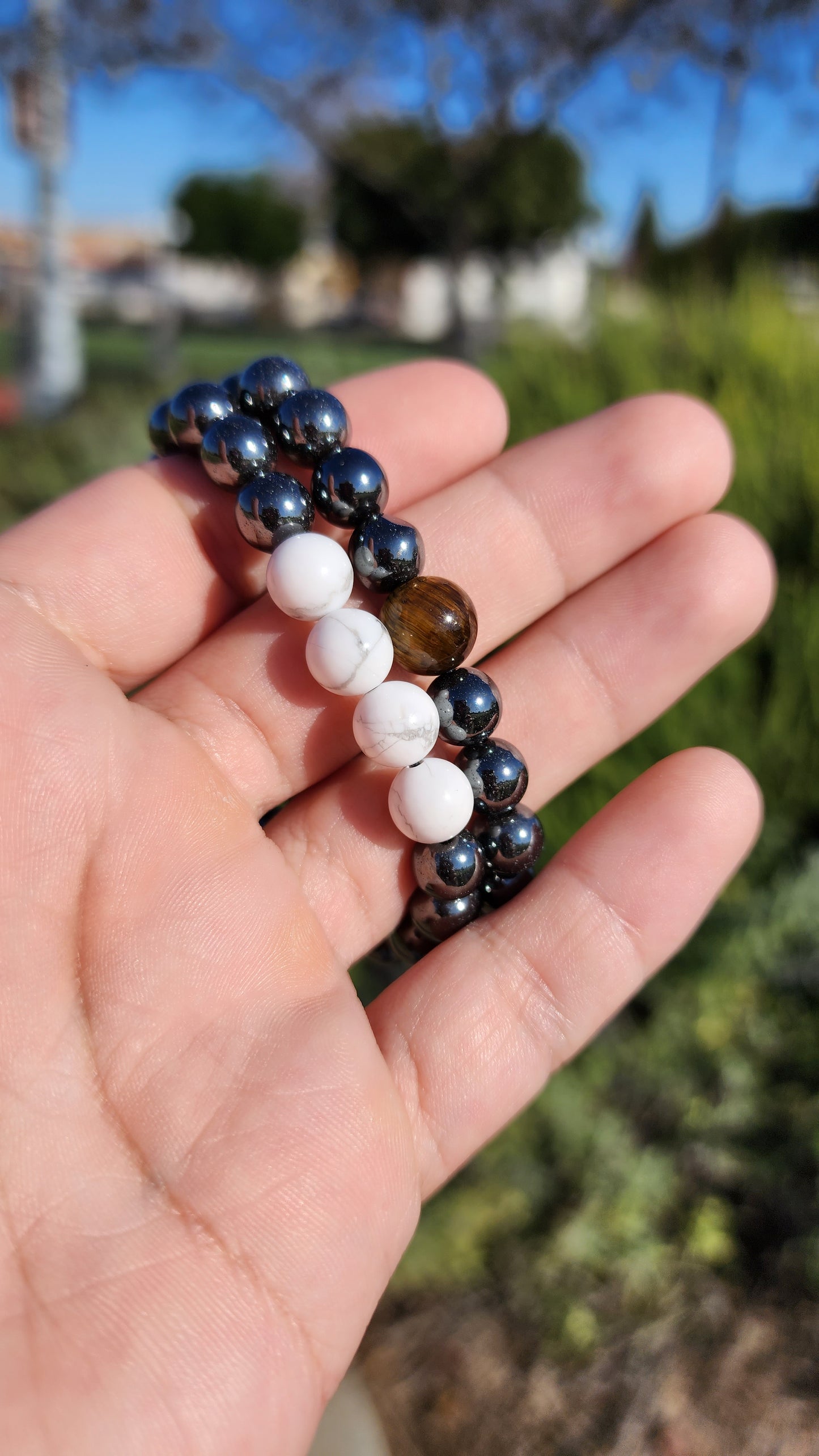 Powerstanced And Balanced. Pair of Hematite, Howlite and Tigers Eye Natural Bracelets. Made by Eyesthatburnthemind.