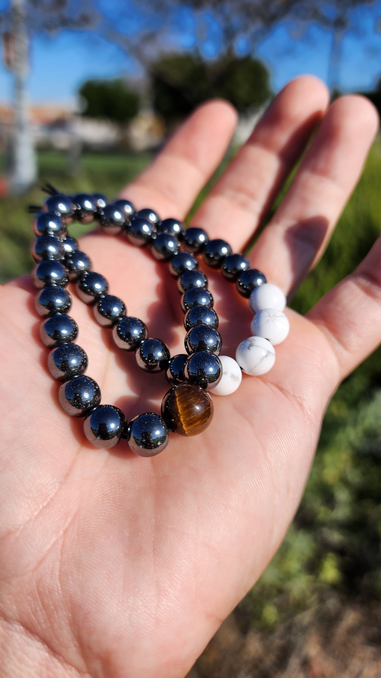 Powerstanced And Balanced. Pair of Hematite, Howlite and Tigers Eye Natural Bracelets. Made by Eyesthatburnthemind.