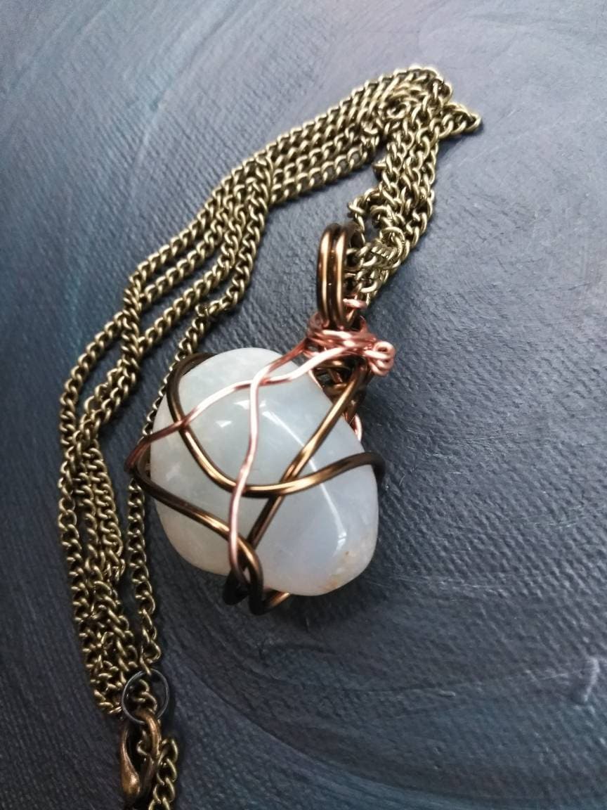 Handmade Agate wrapped in copper wire necklace. Metal chain. Higher frequency and energy balancing. Made by Eyesthatburnthemind.