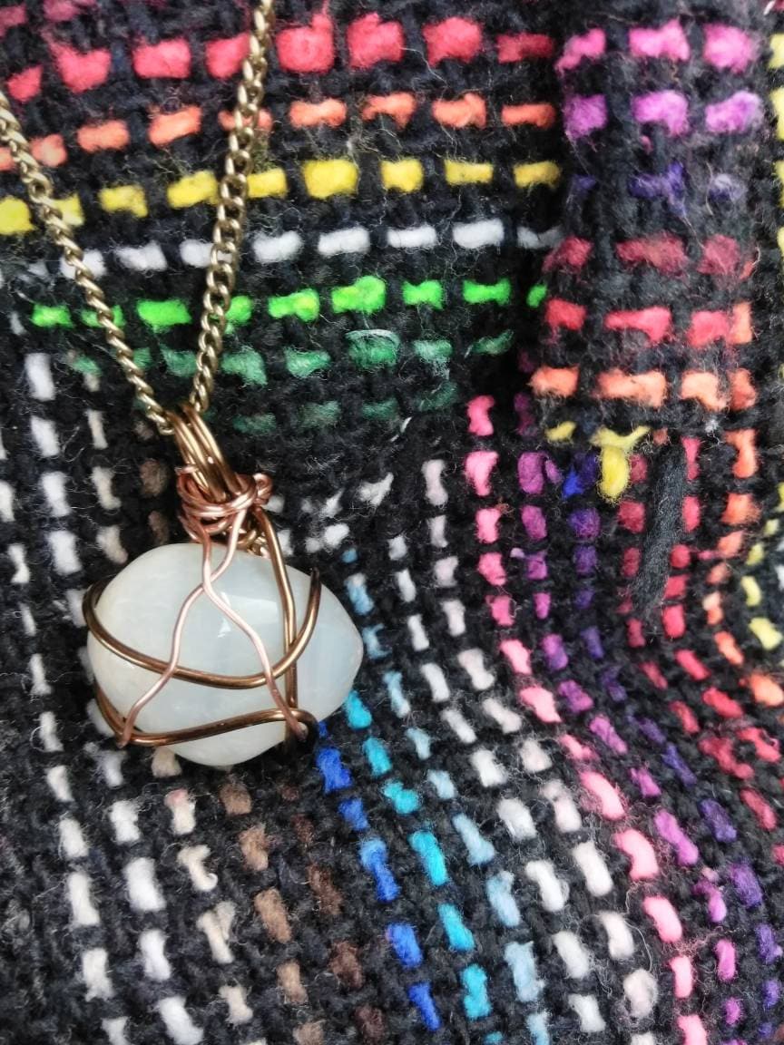 Handmade Agate wrapped in copper wire necklace. Metal chain. Higher frequency and energy balancing. Made by Eyesthatburnthemind.