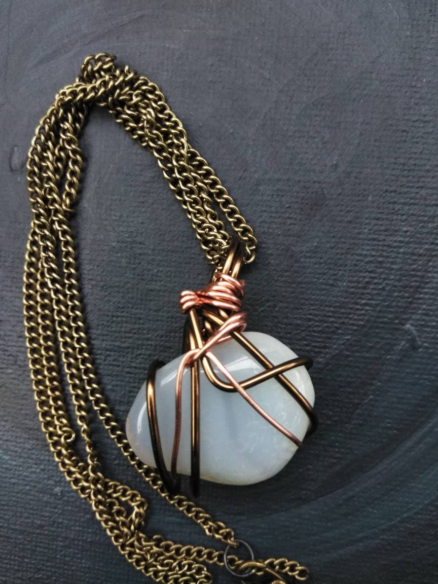 Handmade Agate wrapped in copper wire necklace. Metal chain. Higher frequency and energy balancing. Made by Eyesthatburnthemind.