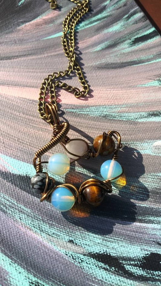 Orbital Thoughts. Opalite, rose quartz, snowflake jasper and tigers eye necklace. Made by Eyesthatburnthemind.