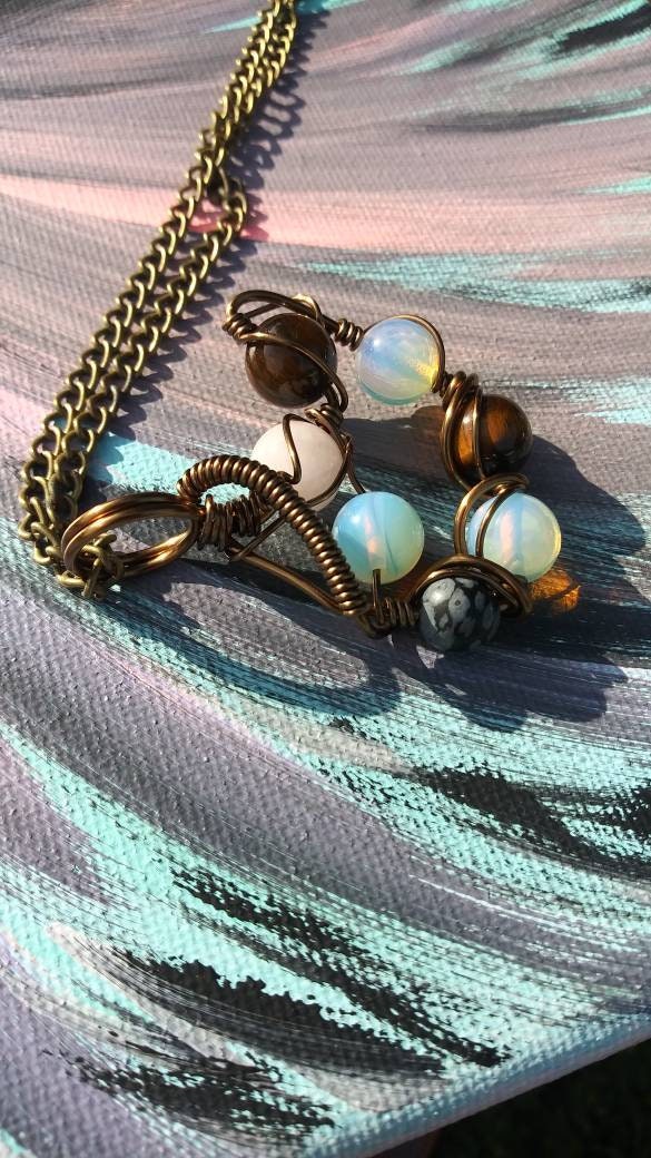 Orbital Thoughts. Opalite, rose quartz, snowflake jasper and tigers eye necklace. Made by Eyesthatburnthemind.