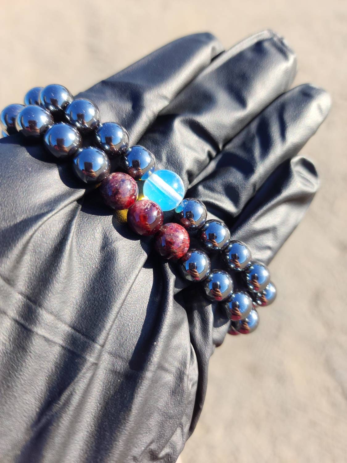 Mo·ral·i·ty. Pair of Hematite/ Opalite and Garnet bracelets. Your choice of size. Made by Eyesthatburnthemind.