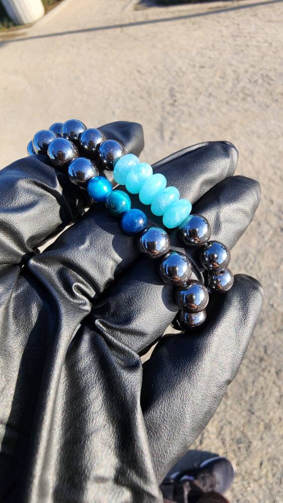 Cooling Down. Pair of Hematite/ Blue Tigers Eye and Blue Jade bracelets. Your choice of size. Made by Eyesthatburnthemind.