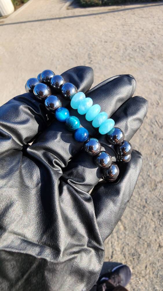 Cooling Down. Pair of Hematite/ Blue Tigers Eye and Blue Jade bracelets. Your choice of size. Made by Eyesthatburnthemind.