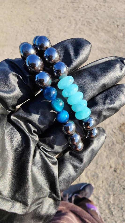 Cooling Down. Pair of Hematite/ Blue Tigers Eye and Blue Jade bracelets. Your choice of size. Made by Eyesthatburnthemind.