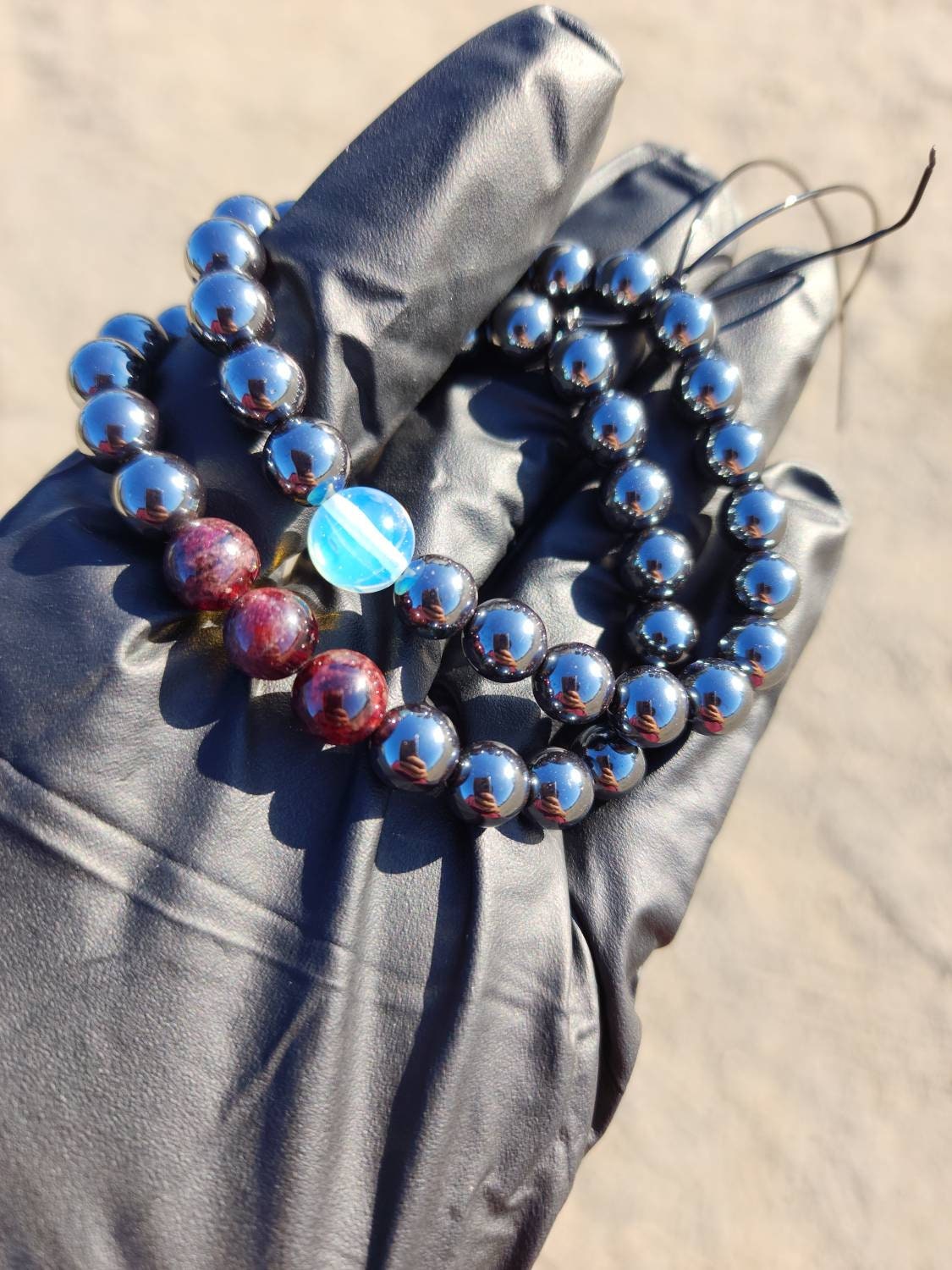 Mo·ral·i·ty. Pair of Hematite/ Opalite and Garnet bracelets. Your choice of size. Made by Eyesthatburnthemind.